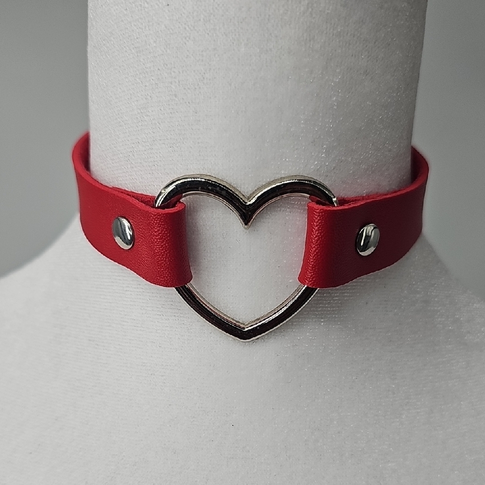 Red Eco Leather Choker Necklace  wSilver Heart‎ Detail & Adjustable Snap Back